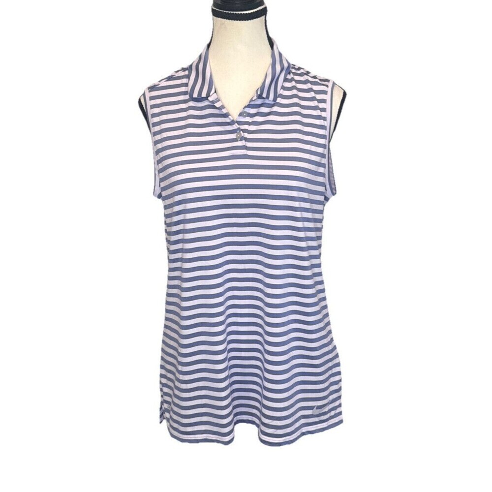 Women’s Nike Dri Fit Golf Sleeveless PURPLE Striped Collared Shirt Top Sz L
